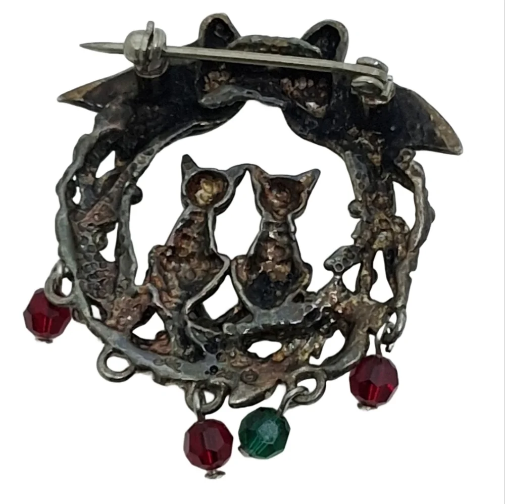 🎄VTG Jezlaine Sterling Silver Two Cats Christmas Wreath Brooch Signed 925